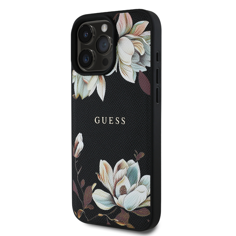 Apple iPhone 16 Pro Case Guess Original Licensed Magsafe Charging Feature Grained Flower Design Metal Text Logo Cover - 6