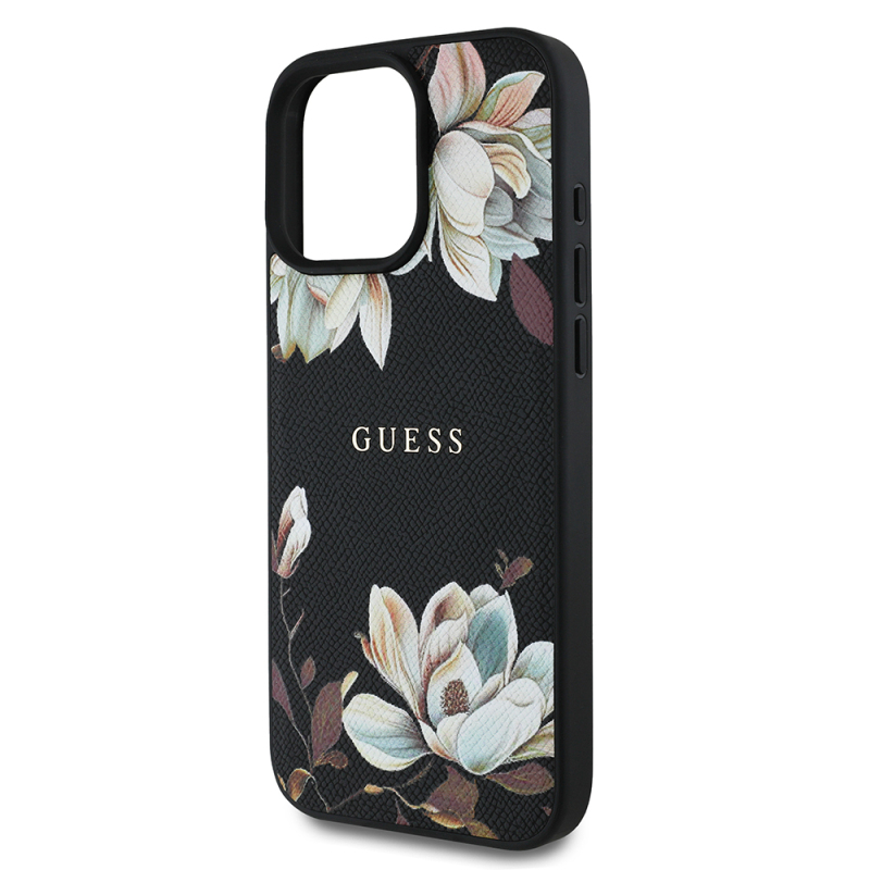 Apple iPhone 16 Pro Case Guess Original Licensed Magsafe Charging Feature Grained Flower Design Metal Text Logo Cover - 7