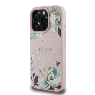 Apple iPhone 16 Pro Case Guess Original Licensed Magsafe Charging Feature Grained Flower Design Metal Text Logo Cover - 13