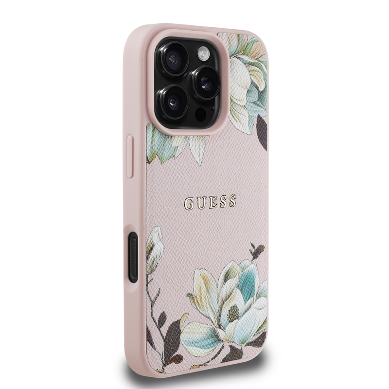 Apple iPhone 16 Pro Case Guess Original Licensed Magsafe Charging Feature Grained Flower Design Metal Text Logo Cover - 12