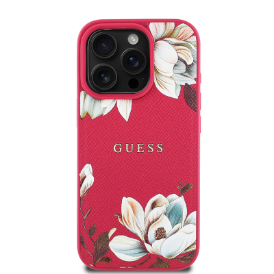 Apple iPhone 16 Pro Case Guess Original Licensed Magsafe Charging Feature Grained Flower Design Metal Text Logo Cover - 4