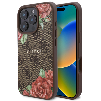 Apple iPhone 16 Pro Case Guess Original Licensed Magsafe Charging Feature Rose Printed 4G Patterned Text Logo Cover - 1