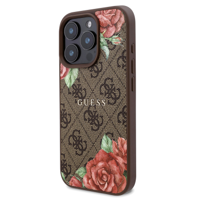 Apple iPhone 16 Pro Case Guess Original Licensed Magsafe Charging Feature Rose Printed 4G Patterned Text Logo Cover - 4