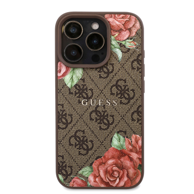 Apple iPhone 16 Pro Case Guess Original Licensed Magsafe Charging Feature Rose Printed 4G Patterned Text Logo Cover - 5