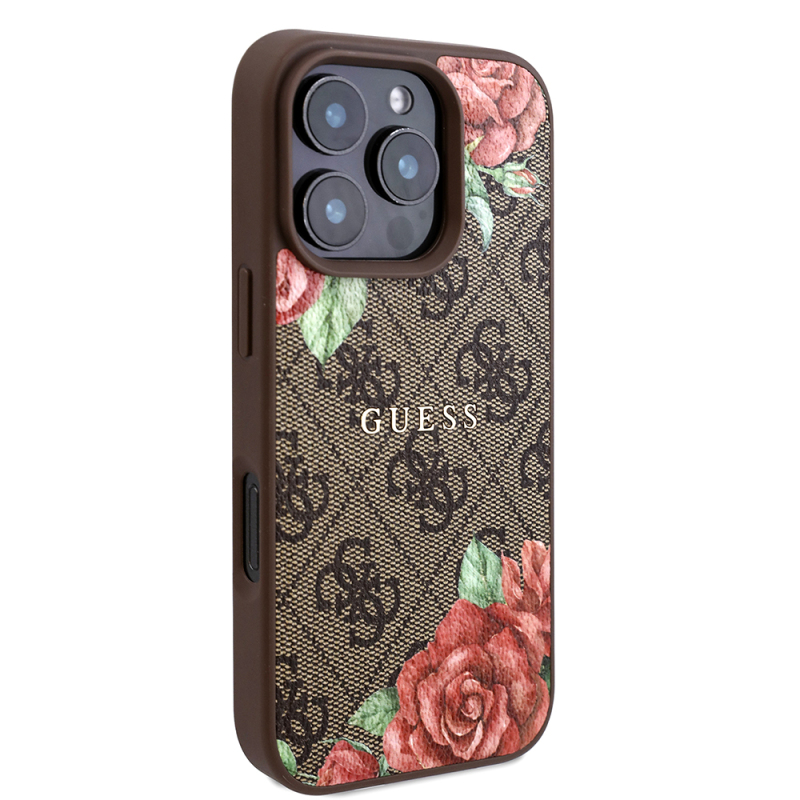 Apple iPhone 16 Pro Case Guess Original Licensed Magsafe Charging Feature Rose Printed 4G Patterned Text Logo Cover - 6