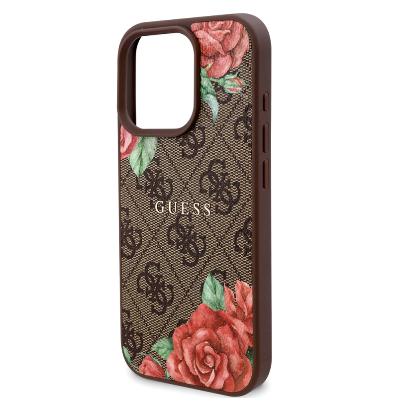 Apple iPhone 16 Pro Case Guess Original Licensed Magsafe Charging Feature Rose Printed 4G Patterned Text Logo Cover - 8