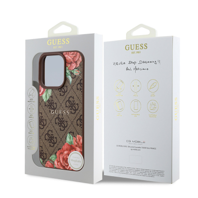 Apple iPhone 16 Pro Case Guess Original Licensed Magsafe Charging Feature Rose Printed 4G Patterned Text Logo Cover - 10