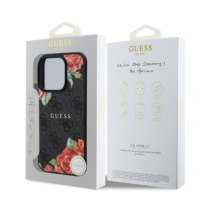 Apple iPhone 16 Pro Case Guess Original Licensed Magsafe Charging Feature Rose Printed 4G Patterned Text Logo Cover - 17