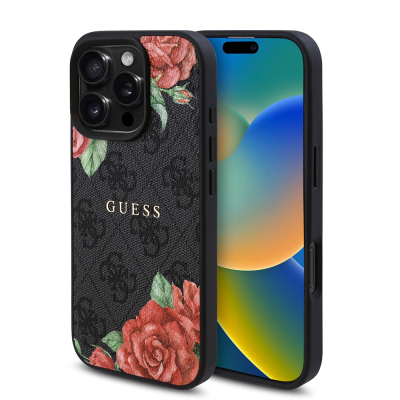 Apple iPhone 16 Pro Case Guess Original Licensed Magsafe Charging Feature Rose Printed 4G Patterned Text Logo Cover - 3