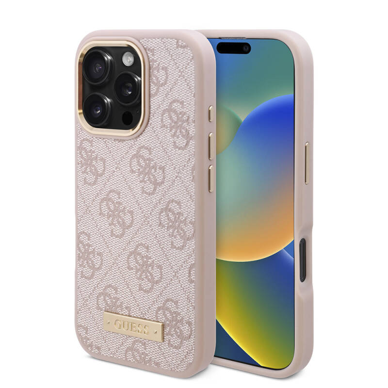 Apple iPhone 16 Pro Case Guess Original Licensed Magsafe Charging Featured 4G Patterned PU Metal Plate Classic Logo Cover - 18