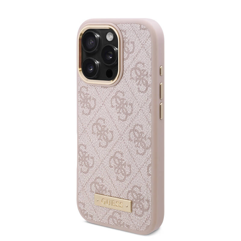 Apple iPhone 16 Pro Case Guess Original Licensed Magsafe Charging Featured 4G Patterned PU Metal Plate Classic Logo Cover - 20