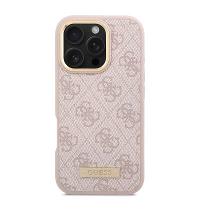 Apple iPhone 16 Pro Case Guess Original Licensed Magsafe Charging Featured 4G Patterned PU Metal Plate Classic Logo Cover - 21