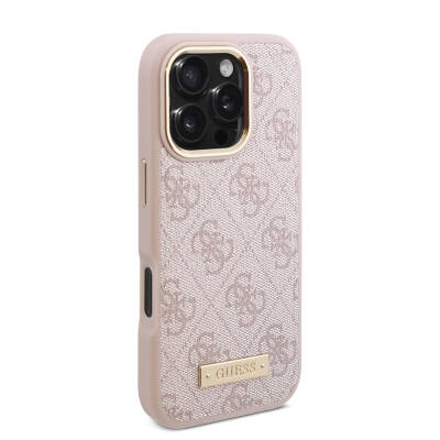 Apple iPhone 16 Pro Case Guess Original Licensed Magsafe Charging Featured 4G Patterned PU Metal Plate Classic Logo Cover - 22