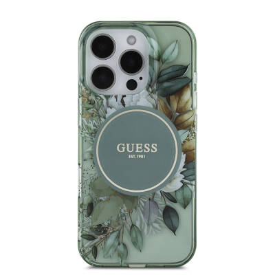 Apple iPhone 16 Pro Case Guess Original Licensed Magsafe Charging Featured IML Printed Flower Pearl Bracelet Cover - 24