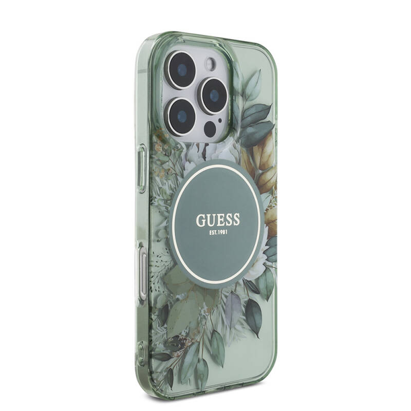 Apple iPhone 16 Pro Case Guess Original Licensed Magsafe Charging Featured IML Printed Flower Pearl Bracelet Cover - 25