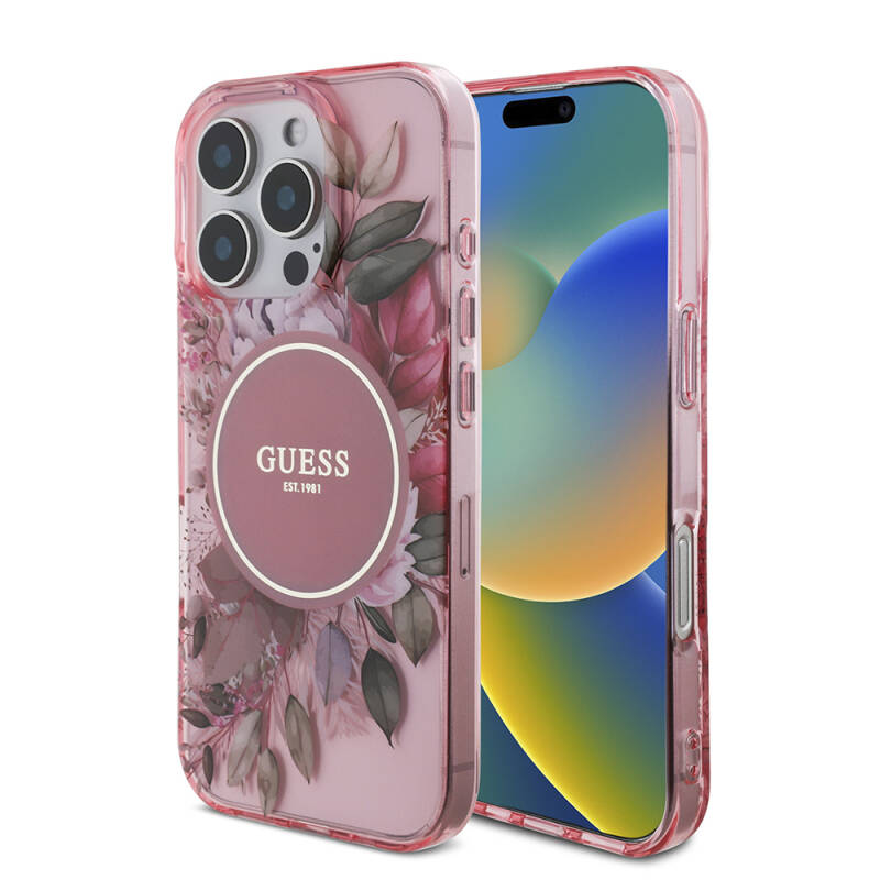 Apple iPhone 16 Pro Case Guess Original Licensed Magsafe Charging Featured IML Printed Flower Pearl Bracelet Cover - 39