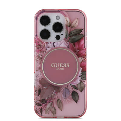 Apple iPhone 16 Pro Case Guess Original Licensed Magsafe Charging Featured IML Printed Flower Pearl Bracelet Cover - 34