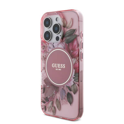 Apple iPhone 16 Pro Case Guess Original Licensed Magsafe Charging Featured IML Printed Flower Pearl Bracelet Cover - 31