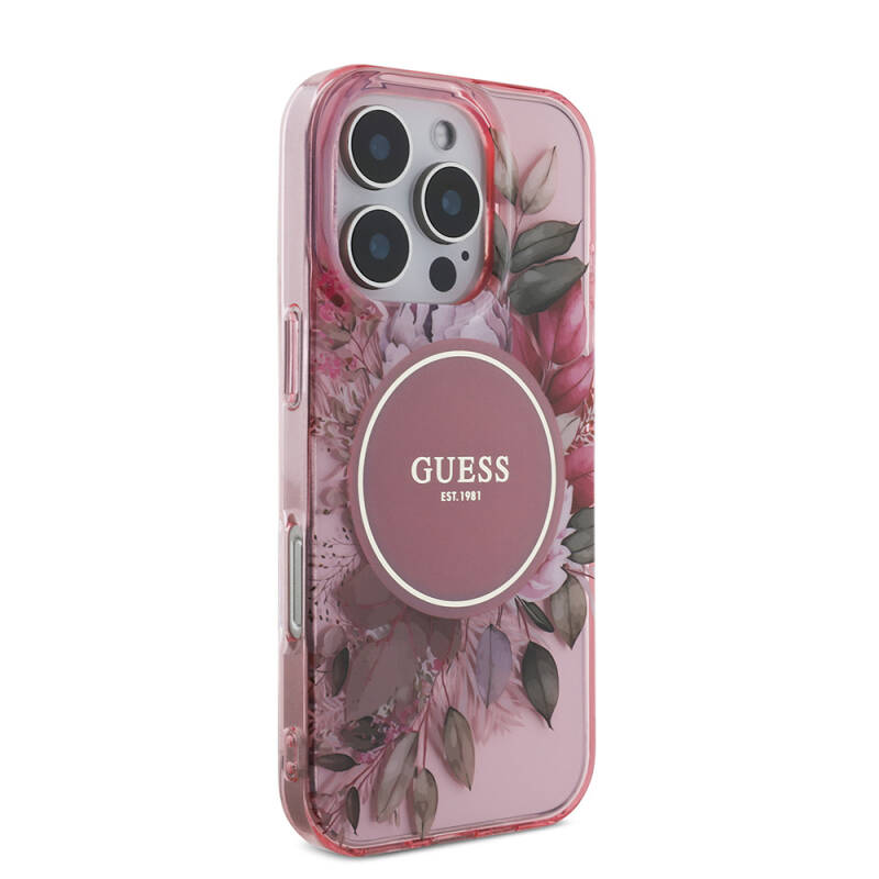 Apple iPhone 16 Pro Case Guess Original Licensed Magsafe Charging Featured IML Printed Flower Pearl Bracelet Cover - 35