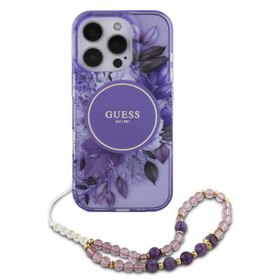 Apple iPhone 16 Pro Case Guess Original Licensed Magsafe Charging Featured IML Printed Flower Pearl Bracelet Cover - 1