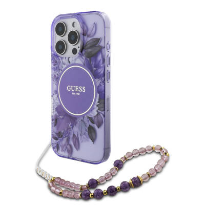 Apple iPhone 16 Pro Case Guess Original Licensed Magsafe Charging Featured IML Printed Flower Pearl Bracelet Cover - 4