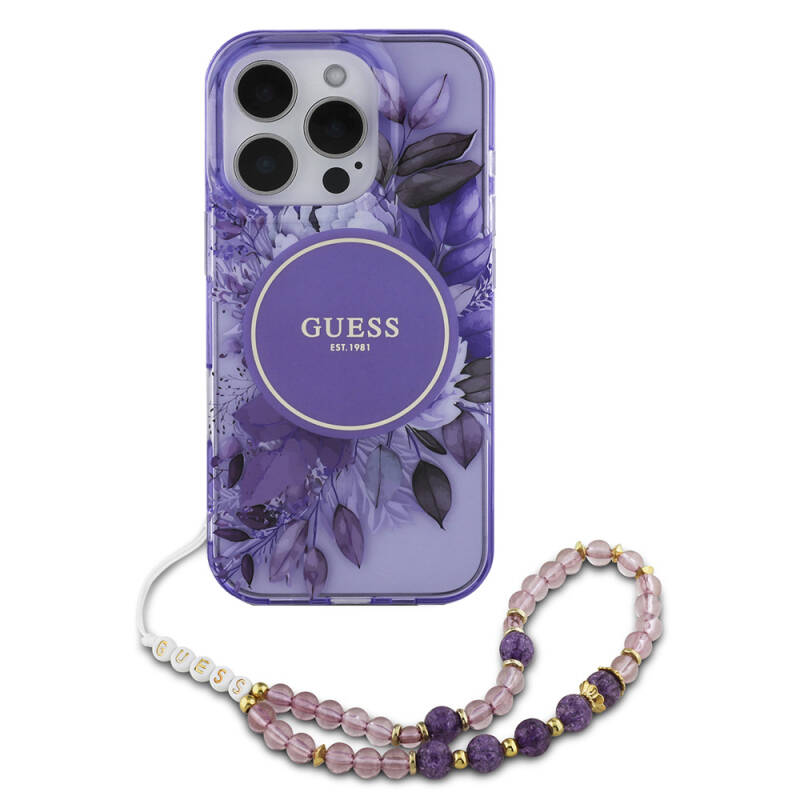 Apple iPhone 16 Pro Case Guess Original Licensed Magsafe Charging Featured IML Printed Flower Pearl Bracelet Cover - 2