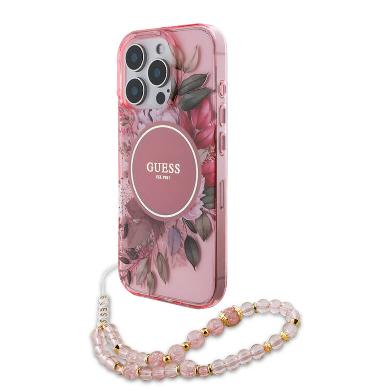 Apple iPhone 16 Pro Case Guess Original Licensed Magsafe Charging Featured IML Printed Flower Pearl Bracelet Cover - 33