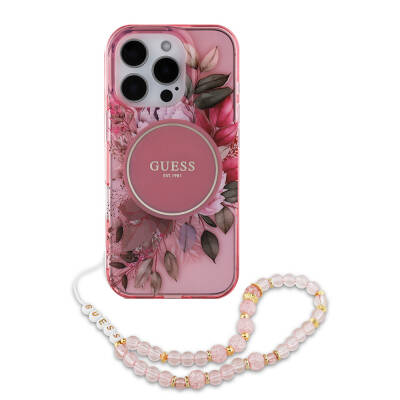 Apple iPhone 16 Pro Case Guess Original Licensed Magsafe Charging Featured IML Printed Flower Pearl Bracelet Cover - 32