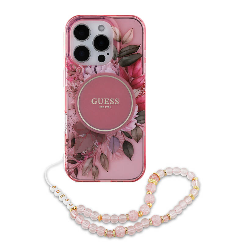 Apple iPhone 16 Pro Case Guess Original Licensed Magsafe Charging Featured IML Printed Flower Pearl Bracelet Cover - 32