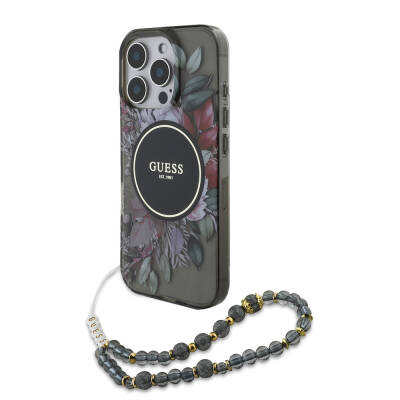 Apple iPhone 16 Pro Case Guess Original Licensed Magsafe Charging Featured IML Printed Flower Pearl Bracelet Cover - 14