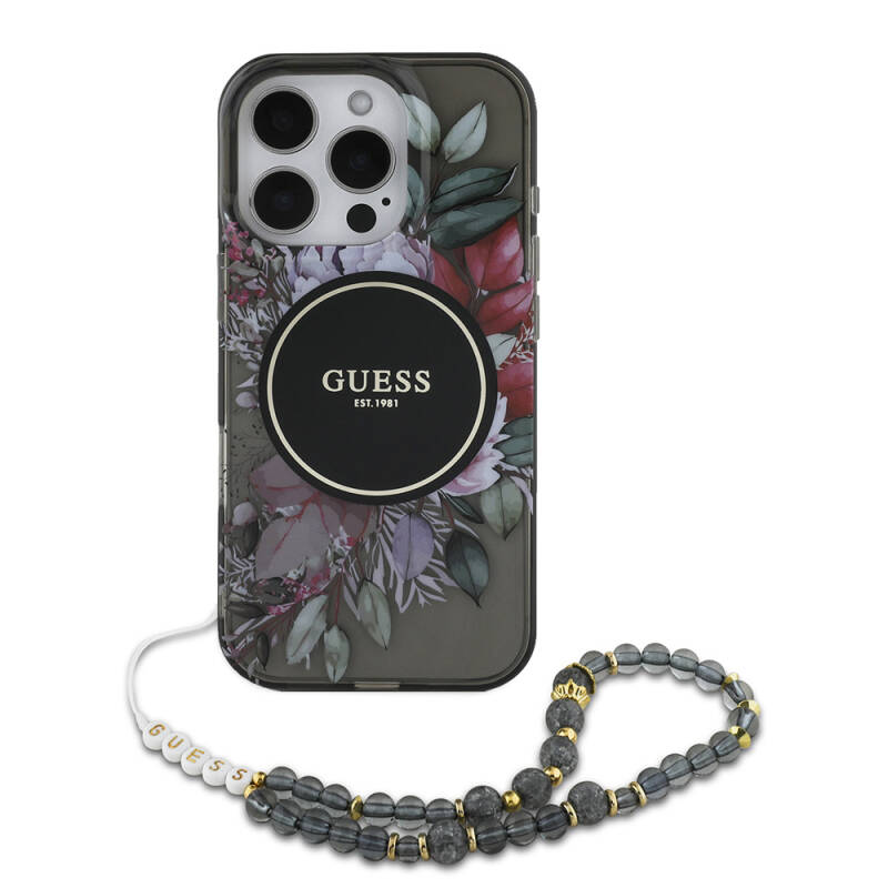 Apple iPhone 16 Pro Case Guess Original Licensed Magsafe Charging Featured IML Printed Flower Pearl Bracelet Cover - 13