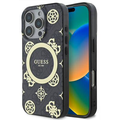 Apple iPhone 16 Pro Case Guess Original Licensed Magsafe Charging Featured IML Text Logo 4G Patterned Peony Cover - 1