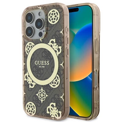 Apple iPhone 16 Pro Case Guess Original Licensed Magsafe Charging Featured IML Text Logo 4G Patterned Peony Cover - 9