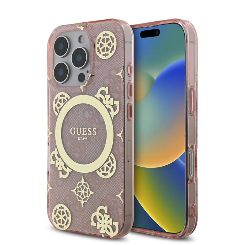 Apple iPhone 16 Pro Case Guess Original Licensed Magsafe Charging Featured IML Text Logo 4G Patterned Peony Cover - 18