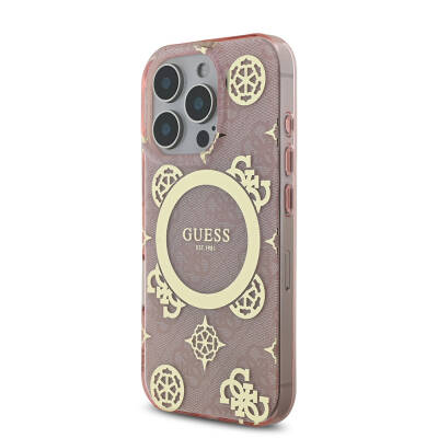 Apple iPhone 16 Pro Case Guess Original Licensed Magsafe Charging Featured IML Text Logo 4G Patterned Peony Cover - 20