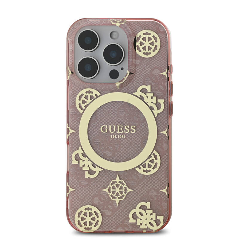 Apple iPhone 16 Pro Case Guess Original Licensed Magsafe Charging Featured IML Text Logo 4G Patterned Peony Cover - 21