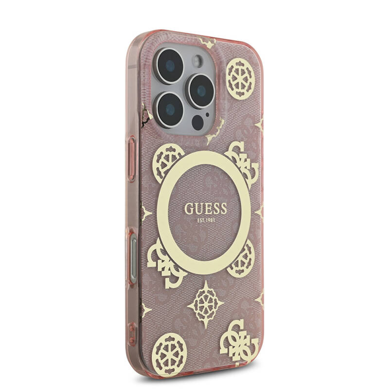 Apple iPhone 16 Pro Case Guess Original Licensed Magsafe Charging Featured IML Text Logo 4G Patterned Peony Cover - 22