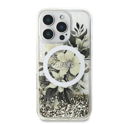 Apple iPhone 16 Pro Case Guess Original Licensed Magsafe Charging Featured Liquid Glitter Flower Patterned Cover - 3