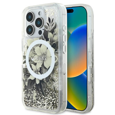 Apple iPhone 16 Pro Case Guess Original Licensed Magsafe Charging Featured Liquid Glitter Flower Patterned Cover - 1