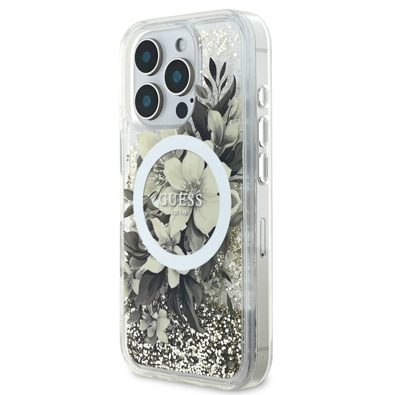 Apple iPhone 16 Pro Case Guess Original Licensed Magsafe Charging Featured Liquid Glitter Flower Patterned Cover - 2