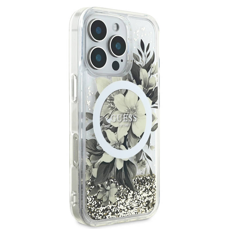 Apple iPhone 16 Pro Case Guess Original Licensed Magsafe Charging Featured Liquid Glitter Flower Patterned Cover - 4