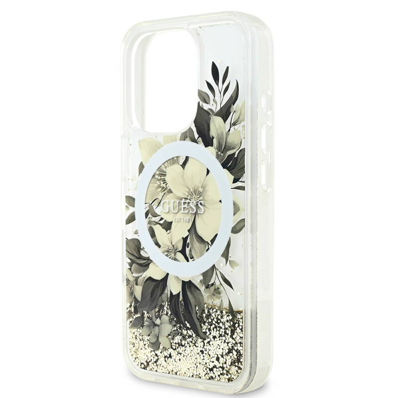 Apple iPhone 16 Pro Case Guess Original Licensed Magsafe Charging Featured Liquid Glitter Flower Patterned Cover - 5