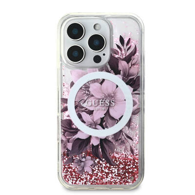 Apple iPhone 16 Pro Case Guess Original Licensed Magsafe Charging Featured Liquid Glitter Flower Patterned Cover - 10