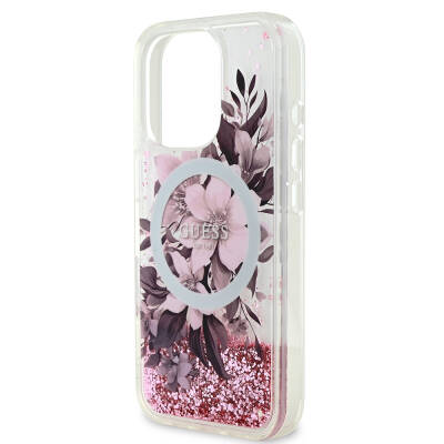 Apple iPhone 16 Pro Case Guess Original Licensed Magsafe Charging Featured Liquid Glitter Flower Patterned Cover - 12