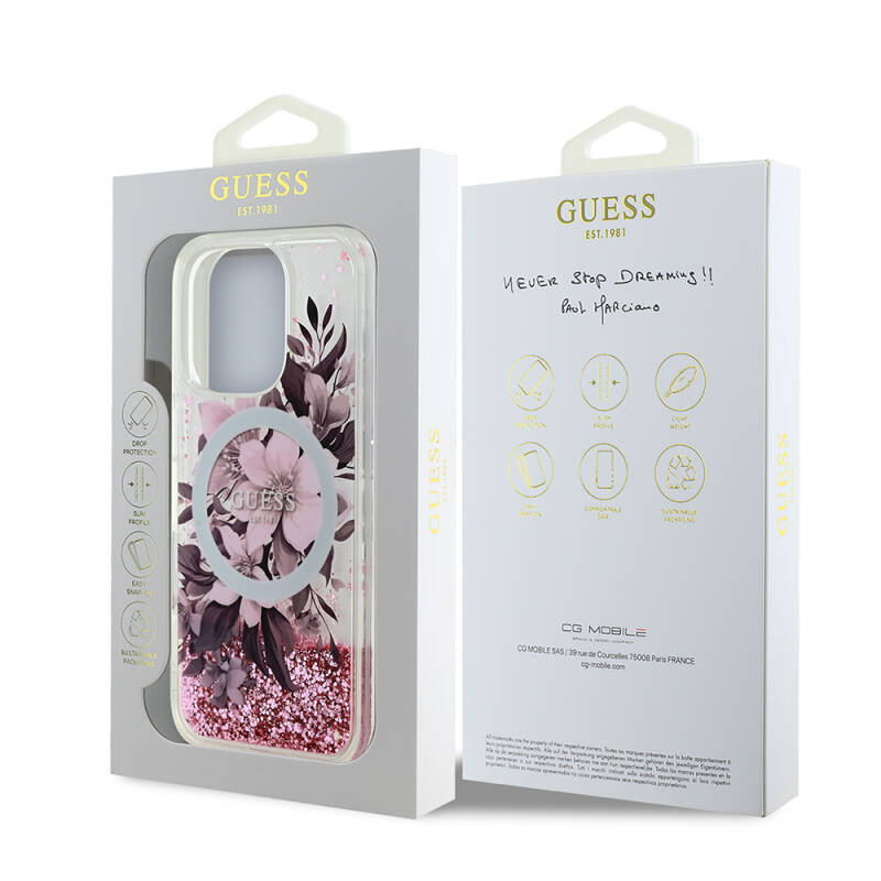 Apple iPhone 16 Pro Case Guess Original Licensed Magsafe Charging Featured Liquid Glitter Flower Patterned Cover - 14