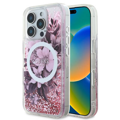 Apple iPhone 16 Pro Case Guess Original Licensed Magsafe Charging Featured Liquid Glitter Flower Patterned Cover - 8