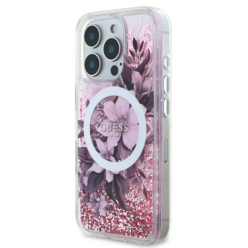 Apple iPhone 16 Pro Case Guess Original Licensed Magsafe Charging Featured Liquid Glitter Flower Patterned Cover - 9