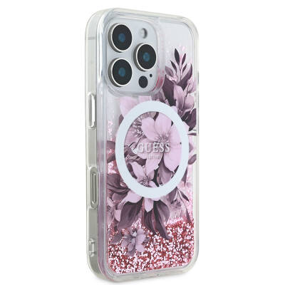 Apple iPhone 16 Pro Case Guess Original Licensed Magsafe Charging Featured Liquid Glitter Flower Patterned Cover - 11