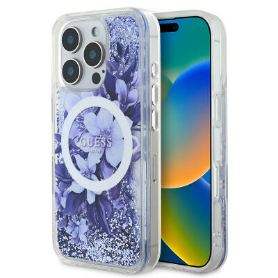 Apple iPhone 16 Pro Case Guess Original Licensed Magsafe Charging Featured Liquid Glitter Flower Patterned Cover - 16