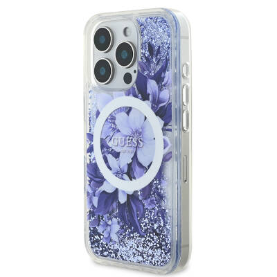 Apple iPhone 16 Pro Case Guess Original Licensed Magsafe Charging Featured Liquid Glitter Flower Patterned Cover - 19